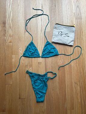 Riot Swim Teal Triangle String Bikini with Logo Pouch